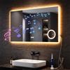 SONNI Specchio da bagno a LED con Bluetooth, 100 x 60 cm, specchio da bagno con illuminazione e touch, presa, 3 colori di luce, anti-appannamento e funzione memoria, ingrandimento 3x