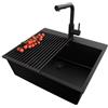 PRIMAGRAN Lavandino da Cucina al Mobile 60cm + Rubinetto, 58x50cm | Set: Rubinetto BW3010 + Kit di scarico + Scolapasta avvolgibile + Lavello in Granito a 1 Vasca - Riga, Tutto Nero