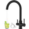DAYONE Rubinetto nero a 3 vie per cucina, rubinetto con 2 leve, girevole a 360°, in acciaio inox, 3 in 1 per filtro dell'acqua