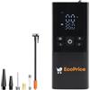 EcoPrice® - Compressore ad Aria Portatile 150 PSI, 60W, Batteria al Litio 11,1V, Schermo LCD Digitale, Multifunzione Auto/Moto/Bici/Palloni, con 5 Ugelli, Tubo dell'Aria e Cavo USB-C Inclusi