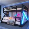 NovaFurnish 140 x 200 cm, 160 x 200 cm, letto a castello, telaio in ferro, con barra luminosa a LED, ringhiera di sicurezza, scala, senza materasso, nero