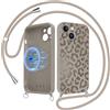 Krdvekm Magnetica Custodia per iPhone 15 6,1 con Cordino, 【Compatibile con MagSafe】 Aesthetic Leopardata Primavera Estate Disegni Silicone Cover Femmina Protezione Collana Cellulare Case, Cachi