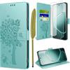 TTSWJBD Cover per Oppo A6 Pro 5G/4G e Vetro Temperato, Verde | 3 Slot Schede, Supporto, Morbido TPU Antiurto Protezione, Pelle PU Antigraffi, Portafoglio, Magnetica Flip Case Custodia