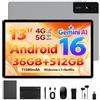 WOREGOO Tablet da 13 Pollici Android 16, 36GB RAM + 512GB ROM, Display FHD 2944x1840, Octa-Core, 4G LTE + WiFi 5G, Batteria 11580mAh/8+13MP/Widevine L1, con Tastiera e Stylus (Grigio)