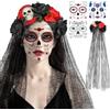 BUOAZR Halloween Giorno dei Morti Rose Cerchietto, Fascia Messicana con Velo e Teschio, 3 Tatuaggi Viso Temporanei, Fascia di Gotico, Accessori Halloween Donna per Festa