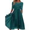 Generic Abito Midi da Donna in Chiffon con Applicazioni in Pizzo, Maniche a Tre Quarti, Elegante Abito da Sera/Cocktail per invitata a Matrimoni.