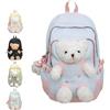 Generic Zaino scolastico Kawaii per ragazze con portachiavi in peluche a forma di orsacchiotto, zaino per la scuola con orso pastello, zaino multitasche in nylon impermeabile, leggero regalo per bambini e