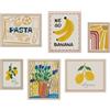 Baroni Home Set di 6 Quadri Decorativi da Parete con Cornice Effetto Legno, Stampe Illustrate Frutta e Food Art con Banana, Limoni e Pasta, Poster Moderni dai Toni Gialli per Cucina e Sala da Pranzo