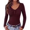 Gyabnw Maglia Donna Manica Lunga Aderente Maglietta Scollo a V con Pizzo | Top Donna In Una Delicata Scollatura Rifinita In Pizzo, Con Bottoni Apribili, Arricciatura Frontale E Tessuto A Costine