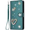 YKTO Portafoglio Flip Wallet Case per Samsung Galaxy S25 FE Verde in pelle Lucida with Bling Glitter Strass Cuori e Fiori a Doppio Strato Libro Flip Stand Card Wallet Cover Folio