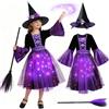 Joellfuner Costume da Strega Bambina, Abito di Halloween per Ragazze, LED Vestito Strega con Cappello e Bacchetta Magica, Travestimento Stregatto per Halloween Carnevale Compleanni Cosplay Festa