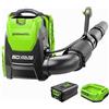 Greenworks GD60BPB - Soffiatore a fogli senza fili, 60 V, Li-Ion, velocità dell'aria 260 km/h, portata 1050 m³/h, soffiatore posteriore con batteria da 4 Ah e caricatore
