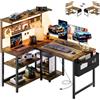 YOUDENOVA Scrivania da gioco a forma di L con LED, presa di corrente, scrivania angolare reversibile con scaffale e parete forata, 120 x 80 cm, scrivania per computer con spazio portaoggetti, per home