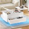 YITAHOME Tavolino da Caffè Sollevabile con Cassetti e Vano Nascosto, Tavolo Moderno da Salotto con 16 Colori di Luci a LED, Bianco, 80 x 55 x 46 cm