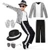 Generic Costume da Michael Paillettes per bambini, per Halloween | Costume da re del pop musicista per bambini con paillettes, giacca con paillettes, pantaloni a righe con cappello