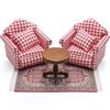 Odoria Casa delle Bambole Tavolino Divano: 4 Pezzi 1/12 Scala Miniatura Sedia con Cuscino Rosso Tappeto per Salotto Soggiorno Rustico - Mini Mobile Legno Ufficio Salone Camera da Letto Vintage