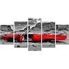 Visario Quadro su Tela 5 Pezzi XXL 200x100 cm 6307 - Cabriolet d'Epoca Rossa nel Deserto - Colorkey in Bianco e Nero con Rosso - Set Quadri Pronti da Appendere su Telaio in Legno