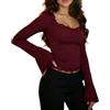 Generic Top Scollo Quadrato con Bordo in Pizzo, Camicia Corta Maniche Lunghe | Top per Uscire Donna, Top Aderente Maniche a Campana, Maglietta Scollo Quadrato, Capo Autunnale in Pizzo