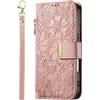 YKTO Custodia per OPPO RENO 14 5G Custodia Portafoglio Pelle Cuoio Modello a fiori pressati Zip Borsa per Magnetismo cellulare Portafoglio multifunzionale per carte di credito,Rosa