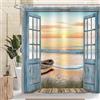 Dazzlewall Tenda da Doccia Spiaggia Oceanica, Scena Costiera Porta in Legno Vintage Alba Tramonto Impermeabile 180x180cm, Antimuffa Tessuto con 12 Ganci