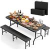 JUMMICO 3 Tavolo Giardino e Sedie da Esterno Set Birreria Pieghevole(Tavolo + 2 Panche) Effetto Rattan HDPE 300kg, Montaggio in 30 Secondi, Salvaspazio per Campeggio Spiaggia Picnic BBQ