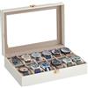 SONGMICS Porta Orologi a 12 Posti, Coperchio in Vetro, Serratura | Scatola Portaorologi, Cuscini Rimovibili, Idea Regalo, Superficie in PU Bianco, Interno Marrone Cammello, Bridie JWB120W01