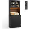 Xbro Dispensa Cucina Alta, Mobile Credenza con Presa Integrata e Luci RGB | Mobile Salvaspazio con Vano Microonde, Ante in Vetro e Ripiani, Coffee Station per Soggiorno e Sala da Pranzo, 73x40x180cm