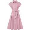 GRACE KARIN Abito midi da donna a maniche corte, linea ad A, elegante, collo con risvolto, bottoni, cravatta in vita, camicia per lavoro e matrimonio