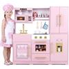 COSTWAY Cucina per bambini con luce e suoni, cucina giocattolo in legno | Cucina per bambole con frigorifero, lavastoviglie, macchina per il caffè, macchina per cubetti di ghiaccio