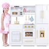COSTWAY Cucina per bambini con luce e suoni, cucina giocattolo in legno | Cucina per bambole con frigorifero, lavastoviglie, macchina per il caffè, macchina per cubetti di ghiaccio