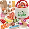 LAUGIGLE Set di cibi da gioco in legno per bambini, cucina Montessori, cibo giocattolo con pizza, uova di Pasqua, accessori da cucina da gioco, cibo finto con borsa in tela, regalo di compleanno e