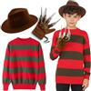 M&A PEAKS Set di 3 costumi horror da Freddy per bambini e bambine, maglione a righe rosse e verdi con guanto e cappello marrone da esploratore, costume da incubo di Elm Street, UK 7-12 anni
