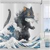 ASDCXZ Tenda da Doccia Giapponese con Gatto 240x180 cm, Giappone Anime Divertente Nero Gatto Pescando Pesce Impermeabile Tenda da Bagno Poliestere Tessuto Lavabile Tende Doccia per Vasca con 16 Ganci