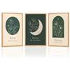 Hjjdiyes Set di 3 quadri da parete da 21 × 30 cm, tele impermeabili, senza cornice | Poster botanico con fiori, luna, sole e stelle, verde scuro, boho, decorazione da parete per soggiorno e camera da letto