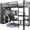 Azkoeesy Letto a soppalco singolo con scrivania e Armadio,LED e presa USB | 90x200 cm, metallo, asta appendiabiti, parapetto alto 36,5 cm, per adolescenti e adulti, nero