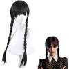 Sunshine smile Addams - Parrucca da donna e ragazza, doppia treccia | Parrucche sintetiche lunghe per Mercoledì Addams, per cosplay, Halloween, carnevale, colore: nero