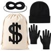 AIEDECOPT Costume Ladro Accessorio con Maschera, Cappello, Guanti, Borsa dei Soldi | Set Costume da Ladro per Carnevale, Completo da Rapinatrice di Banche per Halloween, Cosplay