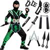 CHMMY Costume Ninja Bambino con Accessori Travestimento Carnevale Halloween | Design nero e verde con motivo drago, maschera, cintura e accessori ninja
