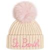 Saint Barth Mc2 Cappello Wengen Panna con Pompon e Scritta Rosa | Misto Lana e Cashmere, Ricamo St. Barth Rosa, Lavorazione a Costine, Con Risvolto, Caldo e Morbido