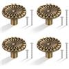 JIZZU 4Pz Pomelli per Mobili Vintage Bronzo, 34mm Manico Rotondo a Foro Singolo | Manopole Rotonde a Forma di Fiore in Lega Zinco, per Cassetti, Armadi e Cucina, Viti Regolabili 25/45mm Incluse