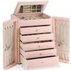 Dajasan Scatola Portagioie Grande a 6 Livelli, Porta Gioielli Donna con 5 Cassetti e Specchio, Design a Doppia Porta in Pelle con Texture Verticale, Compleanno, Festa della Mamma, Moderno (Rosa)