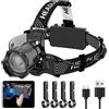 WholeFire Lampada frontale a LED, ricaricabile, USB, estremamente luminosa, 10000 lm, 3 modalità, ricaricabile, con sensore, IP65, impermeabile, con angolo di 90°, regolabile per la pesca e la corsa