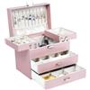 Dajasan Portagioie Donna a 4 Livelli, Scatola Portagioie con 2 Cassetti, Organizzatore in Pelle Sintetica, Supporto Metallico Mobile, per San Valentino, Natale e la Festa della Mamma, Moderno (Rosa)