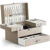 Dajasan Portagioie Donna a 3 Livelli, Scatola Portagioie Grande con 1 Cassetto, Organizzatore Salvaspazio in Pelle Sintetica di Qualità, Supporto Metallico Mobile, Idea Regalo, Moderno (Champagne)