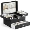 Dajasan Portagioie Donna a 3 Livelli, Scatola Portagioie Grande in Pelle Sintetica di Qualità, con 1 Cassetto, Organizzatore Salvaspazio, Supporto Metallico Mobile, Idea Regalo, Moderno (Nero)