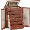 Dajasan Portagioie Donna a 6 Livelli, Scatola Portagioie Grande con 5 Cassetti e Specchio, Design a Doppia Porta in Pelle Texture Verticale, Idea Regalo Compleanno, Moderno (Marrone)