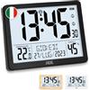 ADE Orologio digitale radiocontrollato con cifre molto grandi | Orologio da tavolo o parete con 2 orari di sveglia e illuminazione | Termometro Igrometro | Cornice stretta in nero opaco