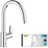 GROHE Start Edge - Rubinetto da cucina con beccuccio alto rimovibile, forma C, girevole a 360, installazione QuickFix, limitatore di flusso, cromato, 30550000