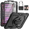SEYMAC Cover per iPad Pro 11 - 4ª/3ª/2ª/1ª 2022/2021/2020/2018, Nero | Custodia Antiurto con Pellicola Protettiva, Supporto Girevole a 360° e Cinghia da Mano, Tracolla, Portapenne e Robusta