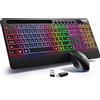Hamile Tastiera wireless e mouse combinata, retroilluminazione RGB | Supporto per telefono, 2,4 GHz, mouse DPI a 3 livelli, ricaricabile, silenzioso, per Windows, Mac, PC, laptop, nero